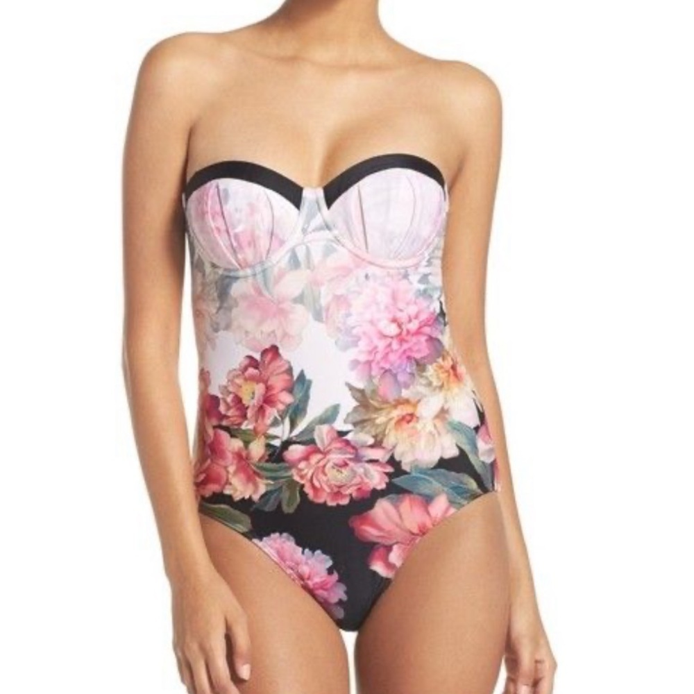 Ted Baker Playful Posie Floral Halter Push Up One-Piece Swimsuit XS